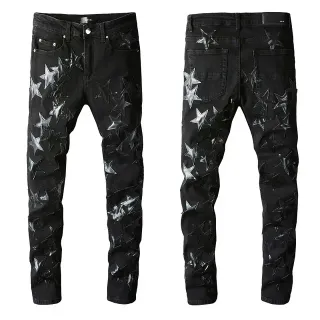 Black Silver Distressed Denim Metallic Star Appliqués Jeans