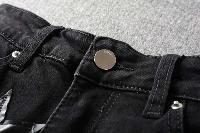 Black Silver Distressed Denim Metallic Star Appliqués Jeans 2