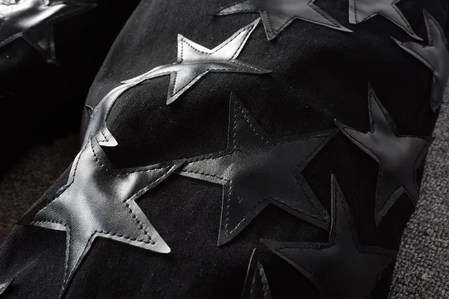 Black Silver Distressed Denim Metallic Star Appliqués Jeans 3