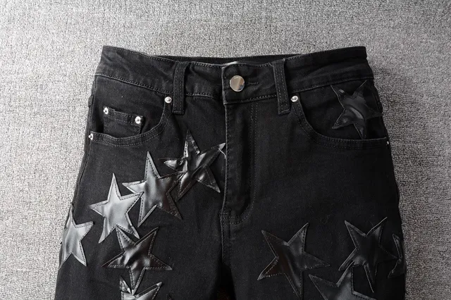 Black Silver Distressed Denim Metallic Star Appliqués Jeans 4