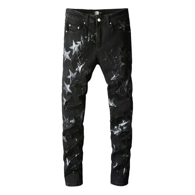Black Silver Distressed Denim Metallic Star Appliqués Jeans 5