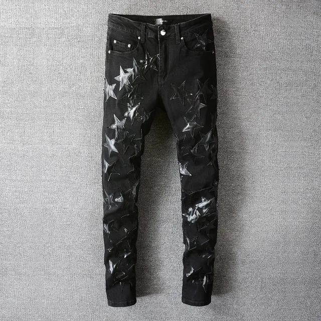 Black Silver Distressed Denim Metallic Star Appliqués Jeans 6