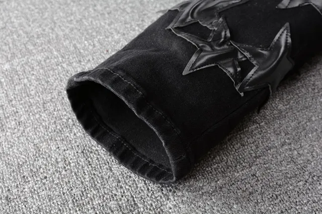 Black Silver Distressed Denim Metallic Star Appliqués Jeans 8
