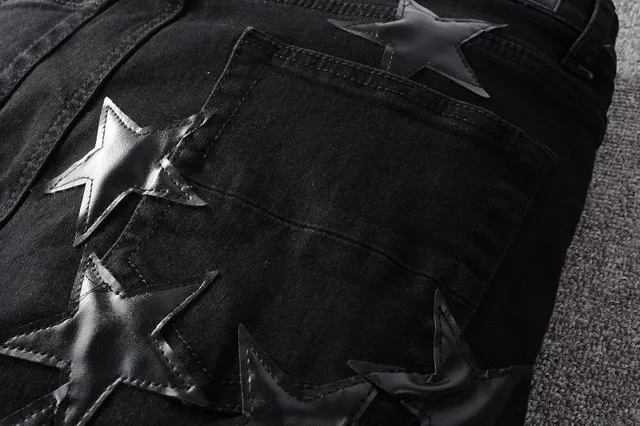 Black Silver Distressed Denim Metallic Star Appliqués Jeans 10