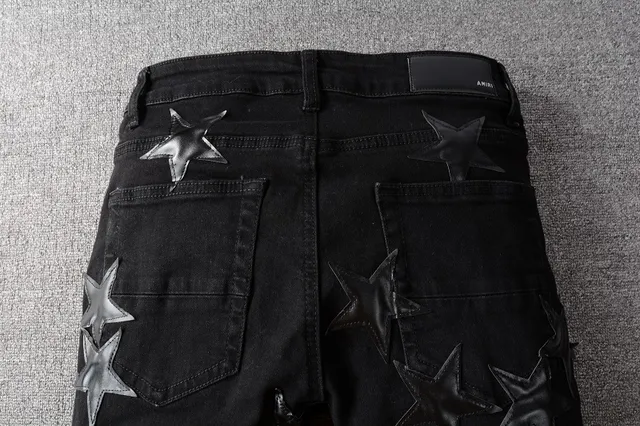 Black Silver Distressed Denim Metallic Star Appliqués Jeans 11