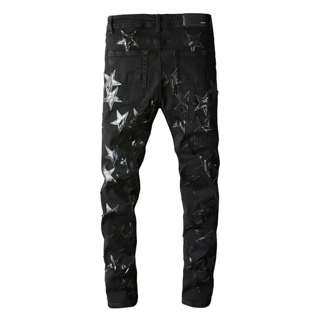 Black Silver Distressed Denim Metallic Star Appliqués Jeans 12