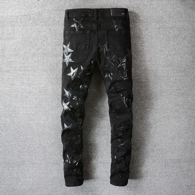 Black Silver Distressed Denim Metallic Star Appliqués Jeans 13