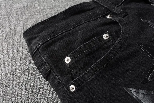 Black Silver Distressed Denim Metallic Star Appliqués Jeans 15