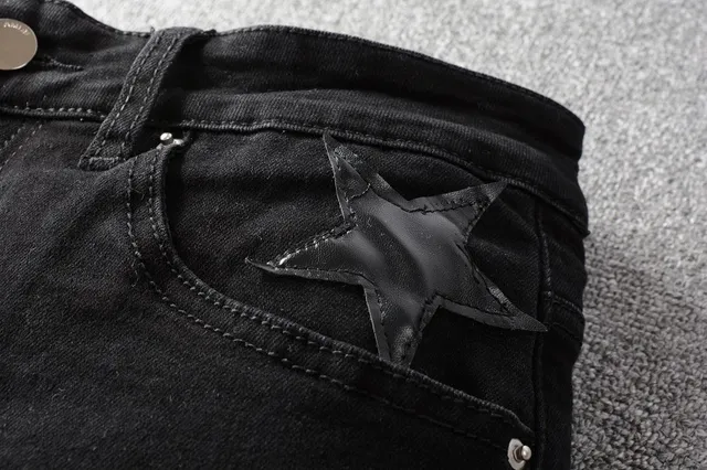 Black Silver Distressed Denim Metallic Star Appliqués Jeans 16