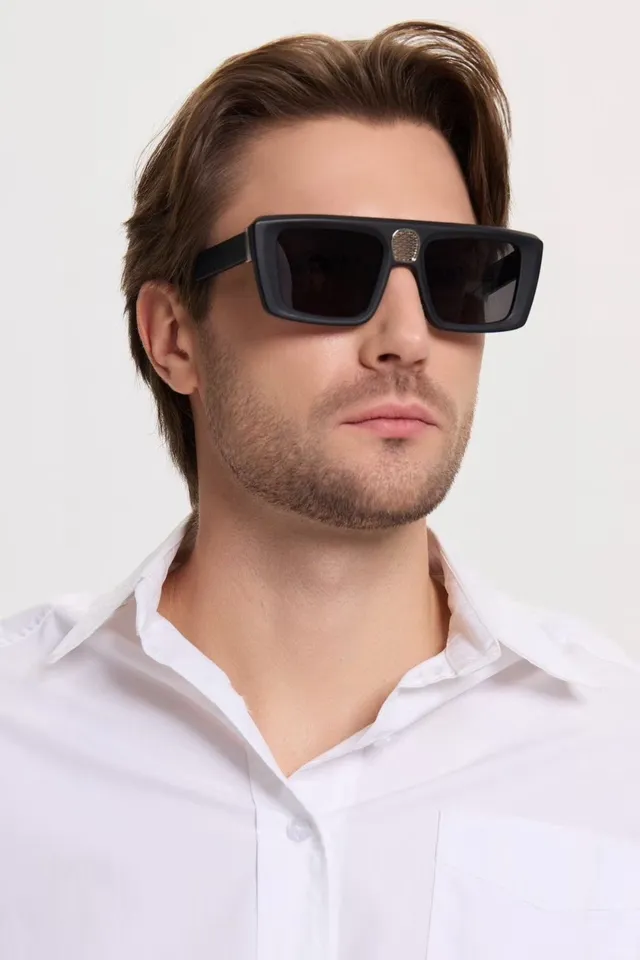 Black Silver Oversized Rectangular Matte Acetate Sunglasses 2