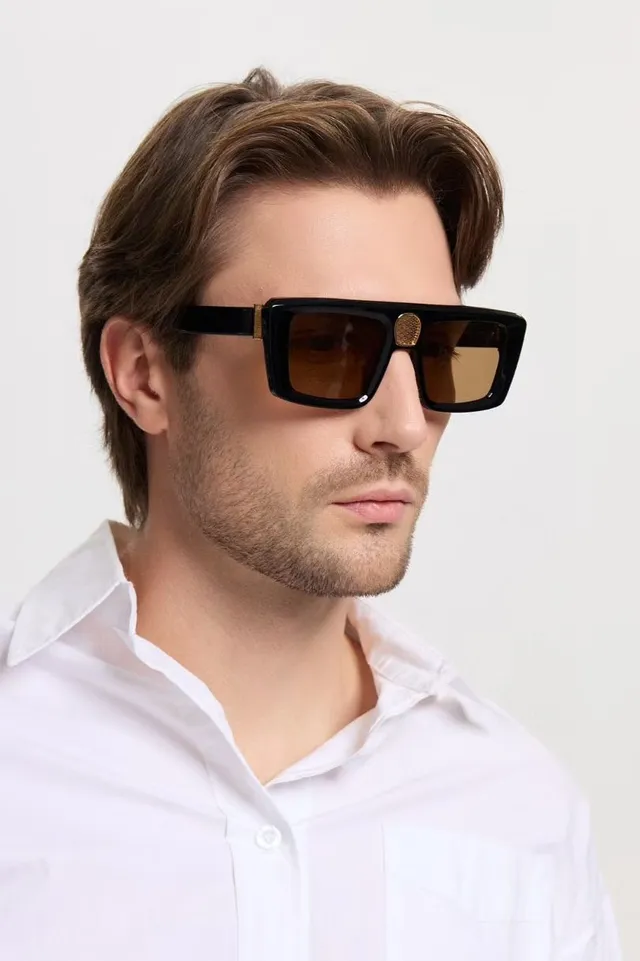 Black Silver Oversized Rectangular Matte Acetate Sunglasses 3