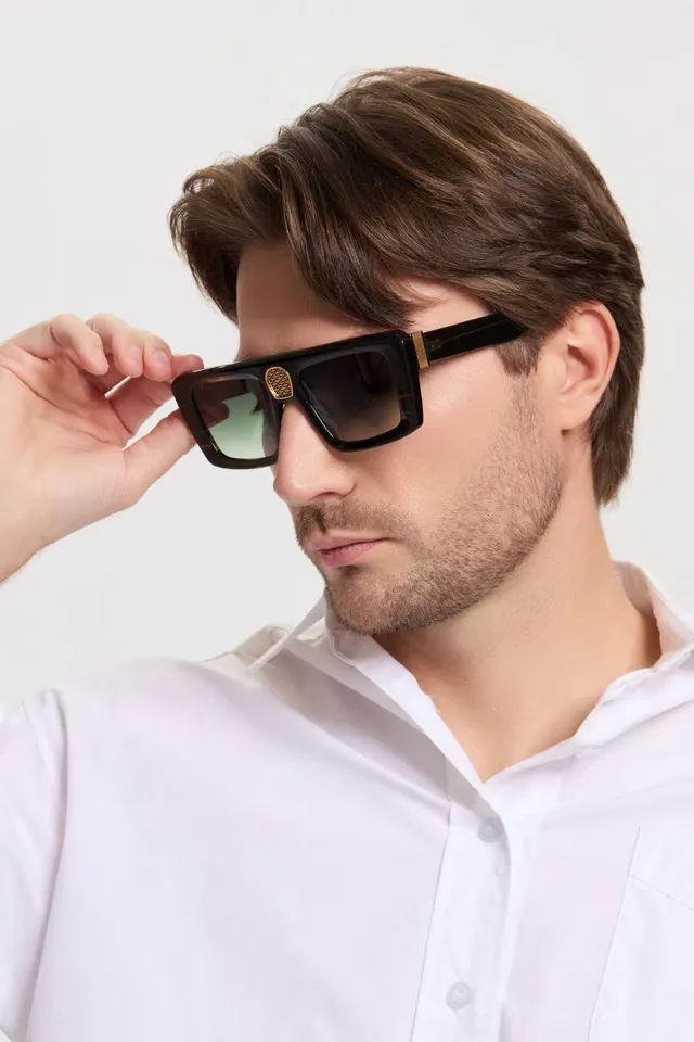 Black Silver Oversized Rectangular Matte Acetate Sunglasses 5