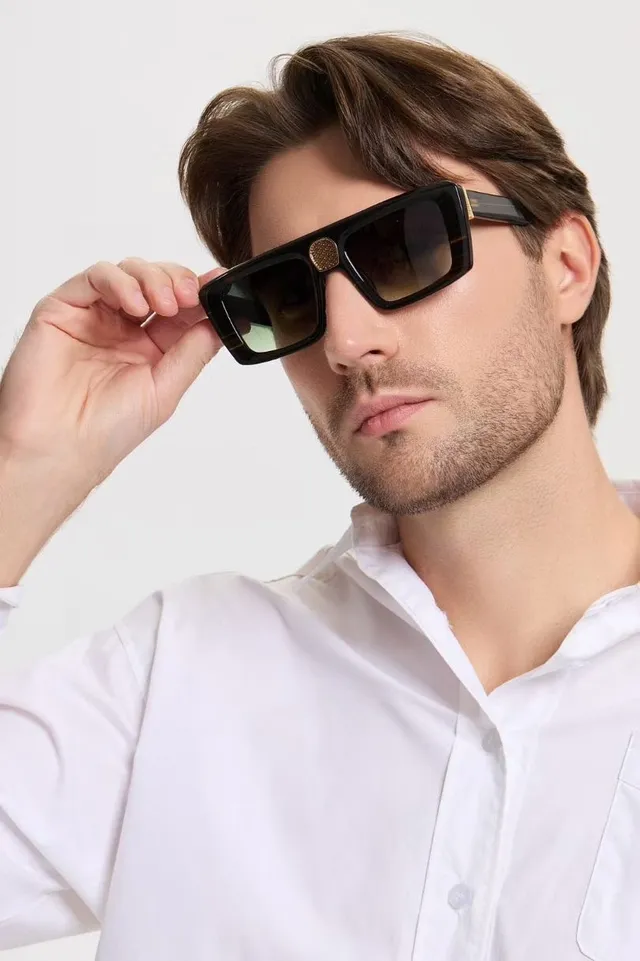 Black Silver Oversized Rectangular Matte Acetate Sunglasses 6