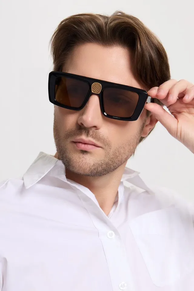 Black Silver Oversized Rectangular Matte Acetate Sunglasses 8