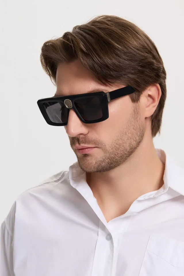 Black Silver Oversized Rectangular Matte Acetate Sunglasses 9