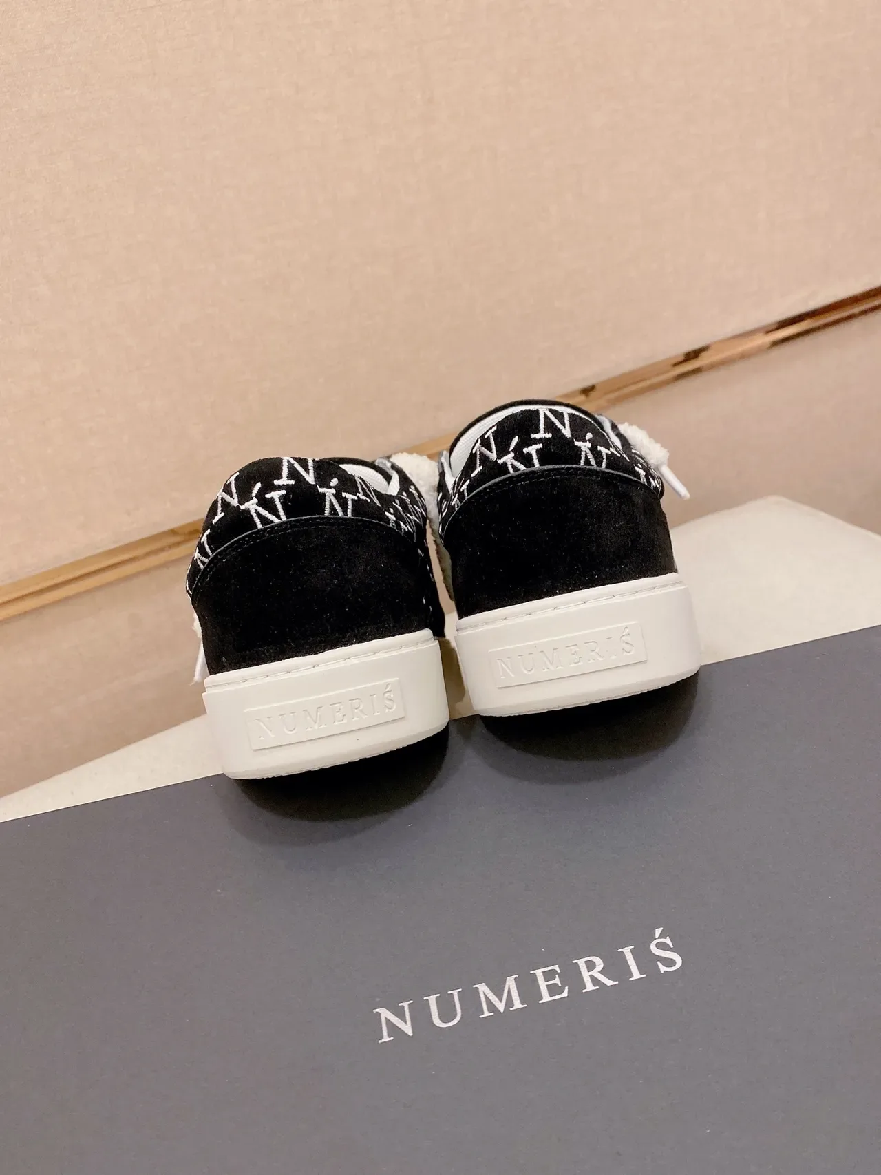 Black White Monogrammed Suede Plush Strap Closure Sneakers 3