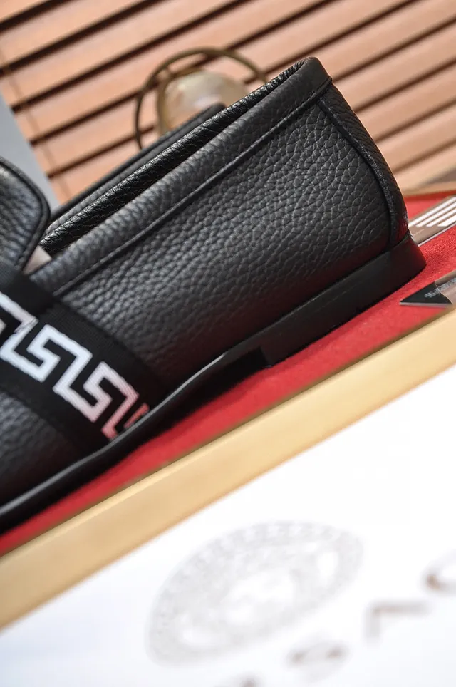 Black White Pebbled Leather Greek Key Strap Loafer 2