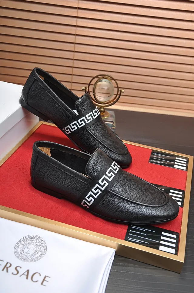 Black White Pebbled Leather Greek Key Strap Loafer 5