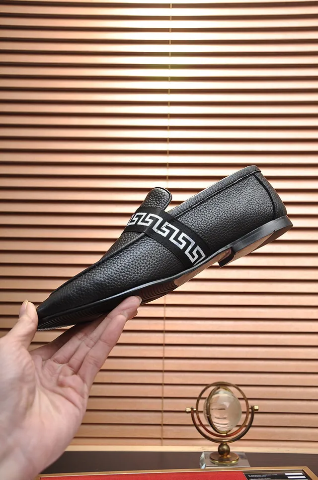 Black White Pebbled Leather Greek Key Strap Loafer 6