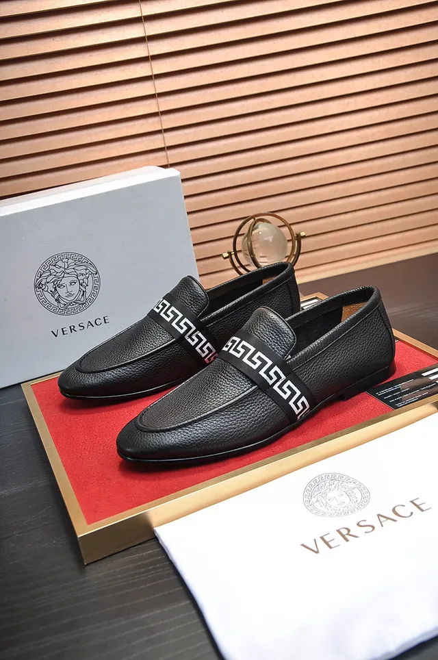 Black White Pebbled Leather Greek Key Strap Loafer 7