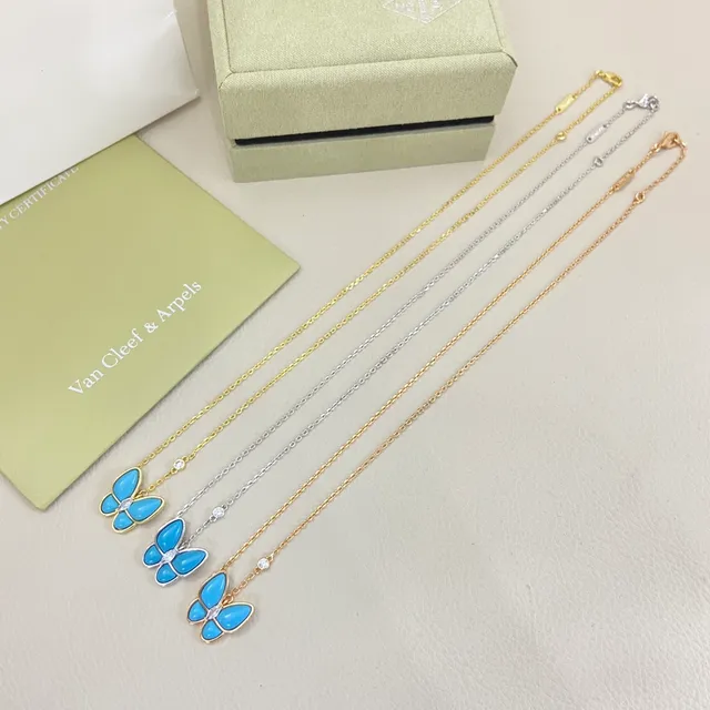 Blue Gold Butterfly Pendant Enamel Wings Necklace 2