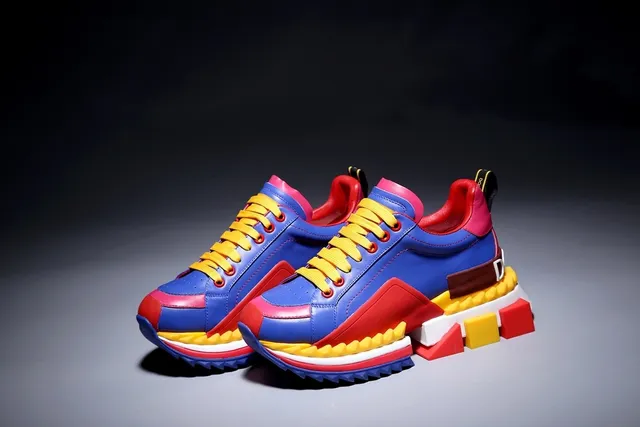 Blue Red Sculpted Sole Multi-Color Block Construction Chunky Sneakers 1