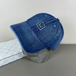 Blue Silver Denim Rhinestone-Embellished Square Baseball Cap