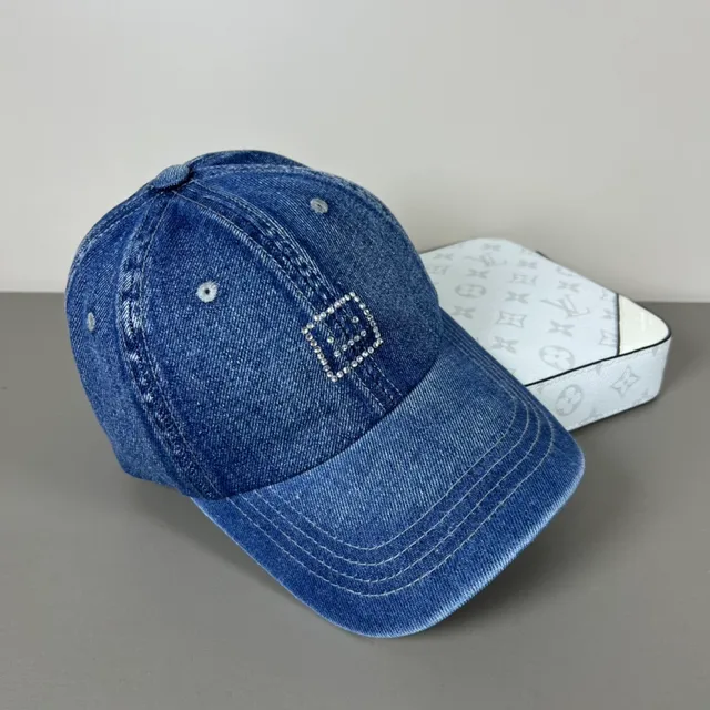 Blue Silver Denim Rhinestone-Embellished Square Baseball Cap 5