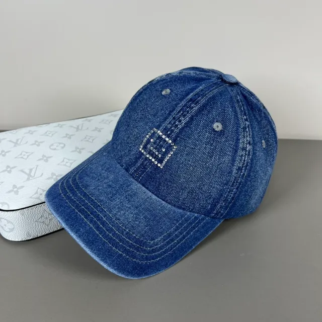 Blue Silver Denim Rhinestone-Embellished Square Baseball Cap 6