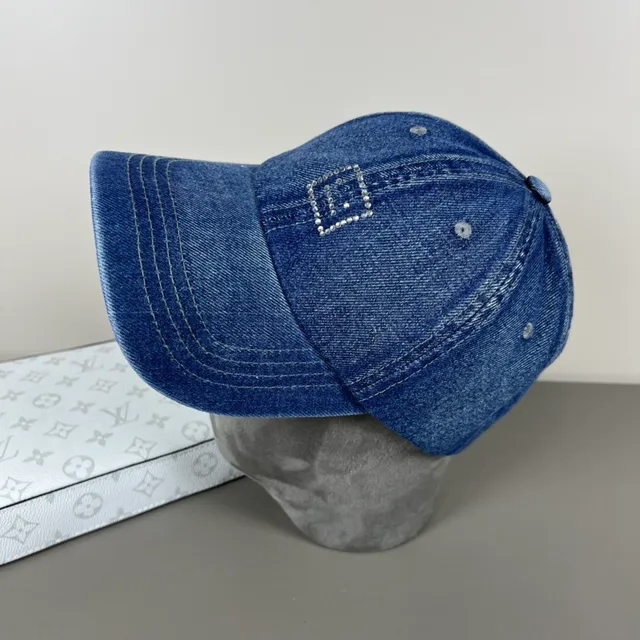 Blue Silver Denim Rhinestone-Embellished Square Baseball Cap 8