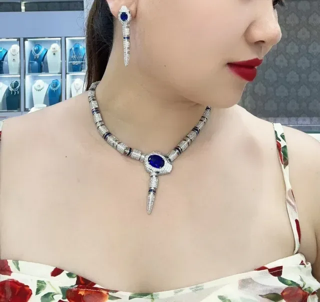 Blue Silver Snakehead Pendant Pavé-Set Clear Stones Necklace 3
