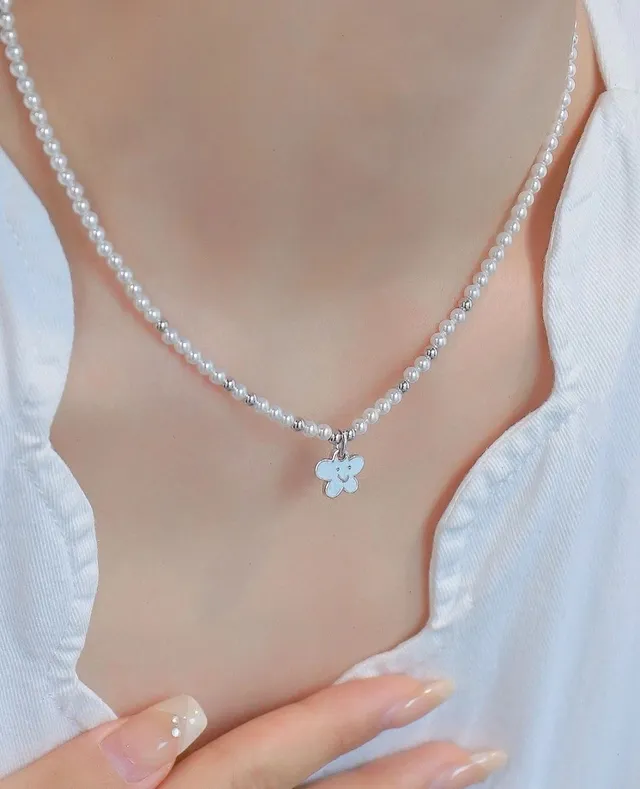 Blue White Pearl-Beaded Enamel Flower Charm Necklace 2