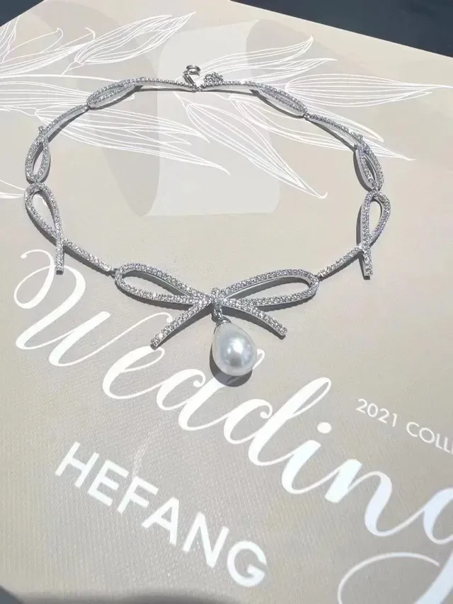 Bow-Shaped Pavé-Set Pearl-Drop Choker Necklace 9