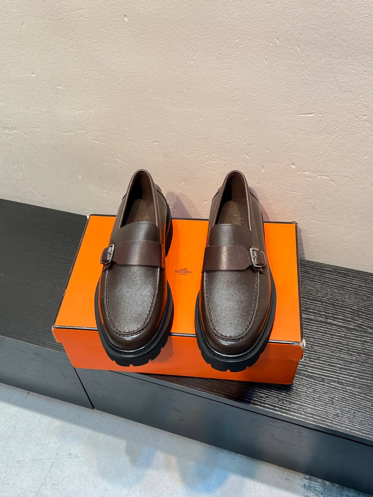 Brown Black Buckle Strap Textured Leather Upper Loafer 2