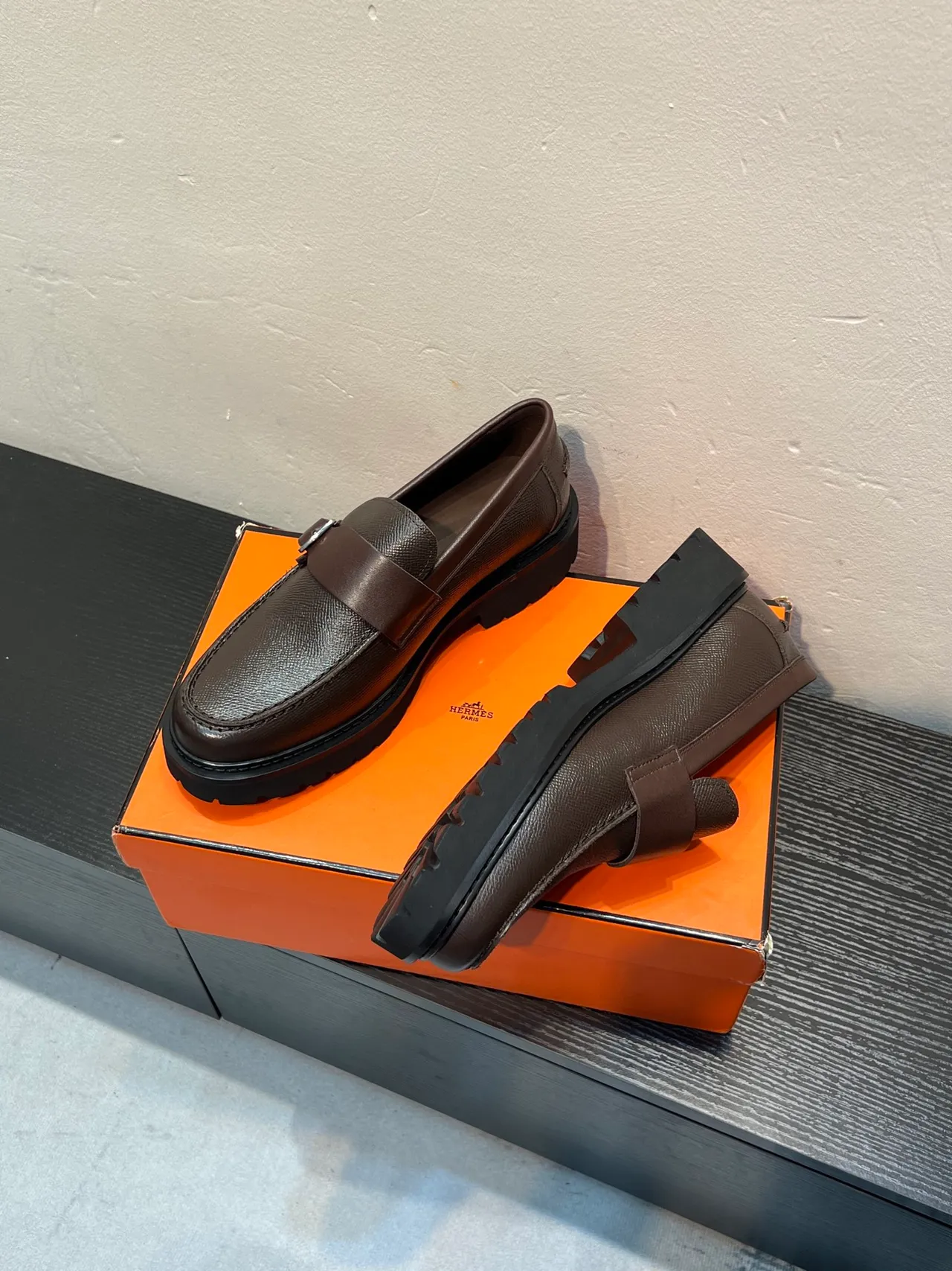 Brown Black Buckle Strap Textured Leather Upper Loafer 4