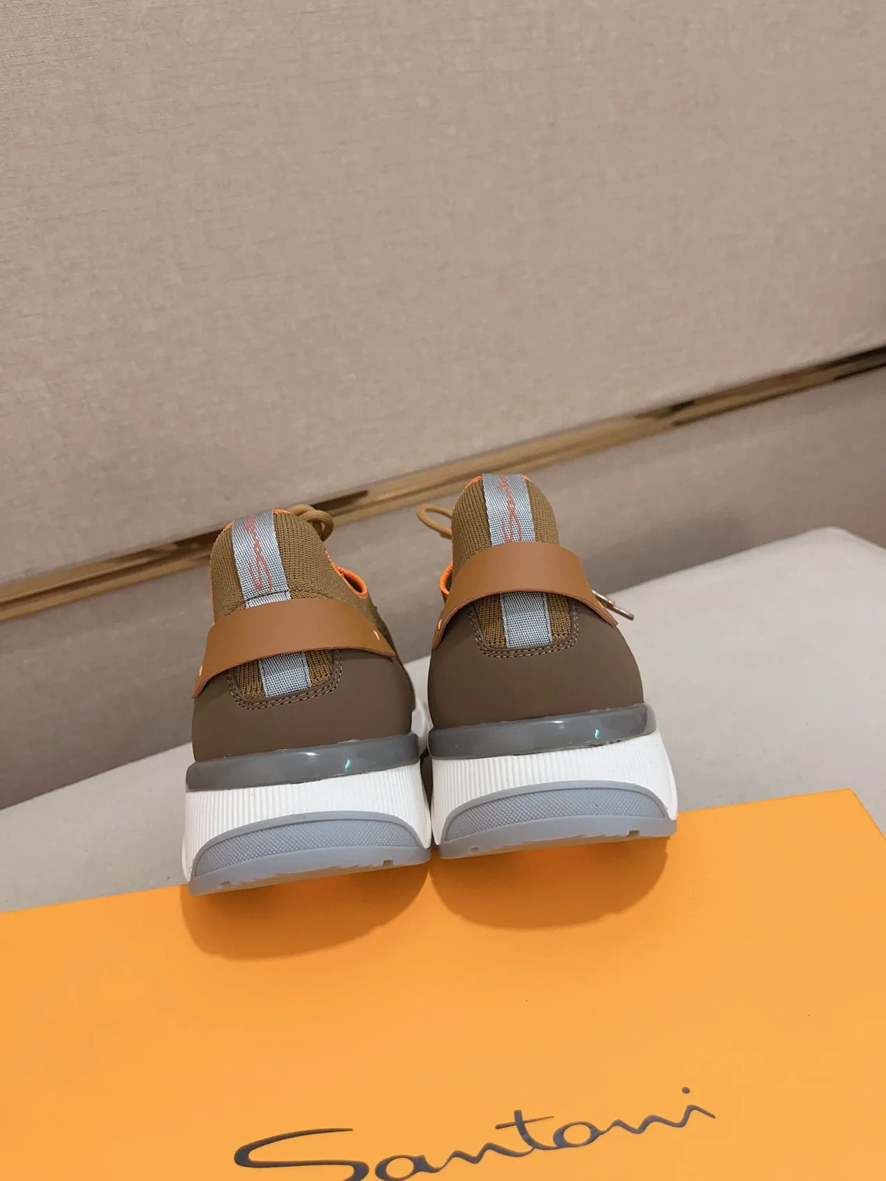Brown Orange Knit Upper Layered Synthetic Overlays Sneakers 3