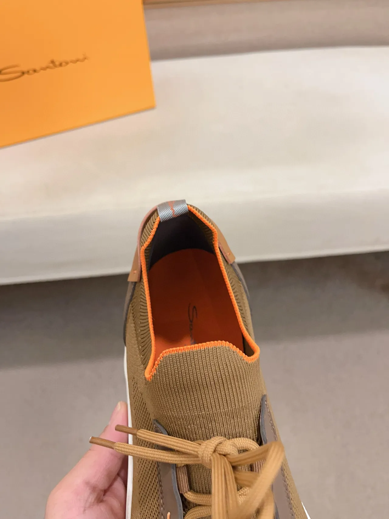 Brown Orange Knit Upper Layered Synthetic Overlays Sneakers 4