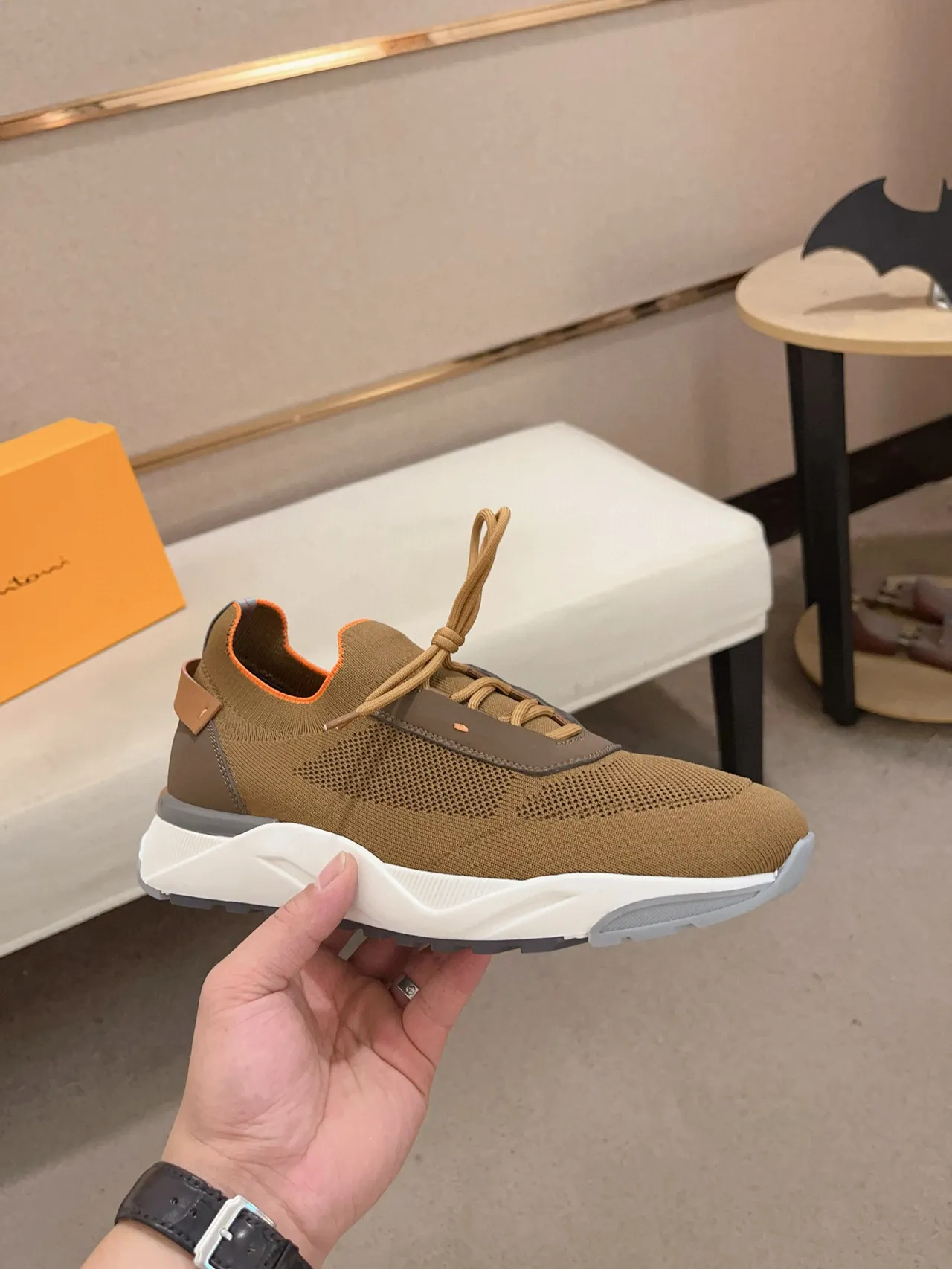 Brown Orange Knit Upper Layered Synthetic Overlays Sneakers 5
