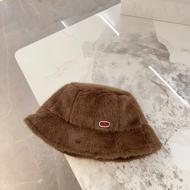 Brown Red Plush Faux Fur Quilted Panel Construction Bucket Hat 3