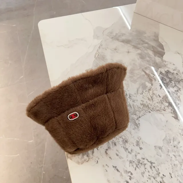 Brown Red Plush Faux Fur Quilted Panel Construction Bucket Hat 4