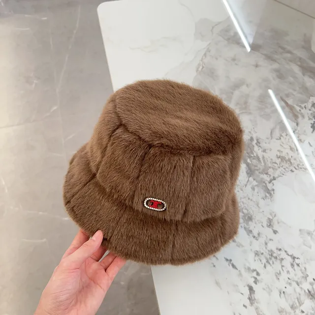 Brown Red Plush Faux Fur Quilted Panel Construction Bucket Hat 6
