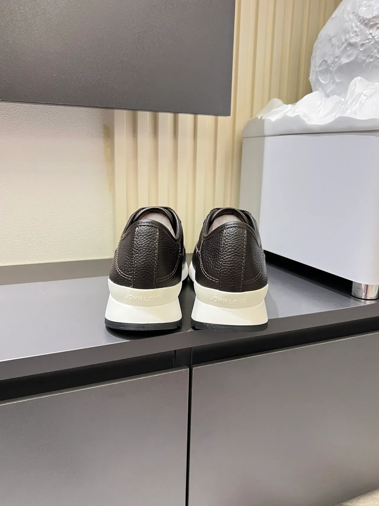 Brown White Pebbled Leather Upper Contrast Midsole Sneakers 2