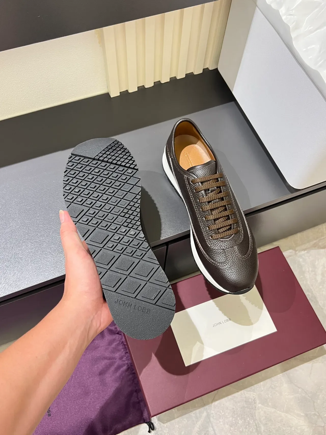 Brown White Pebbled Leather Upper Contrast Midsole Sneakers 3