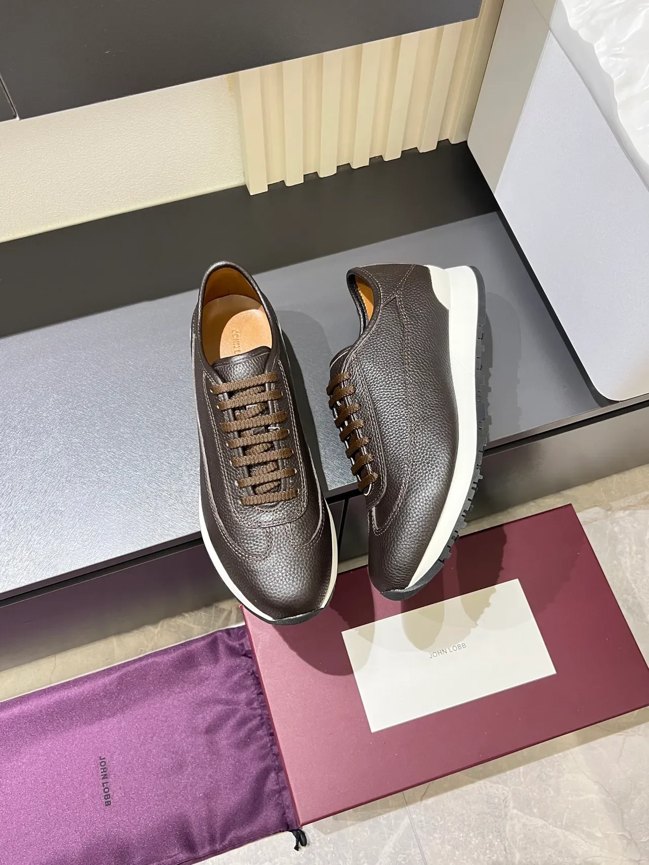 Brown White Pebbled Leather Upper Contrast Midsole Sneakers 4