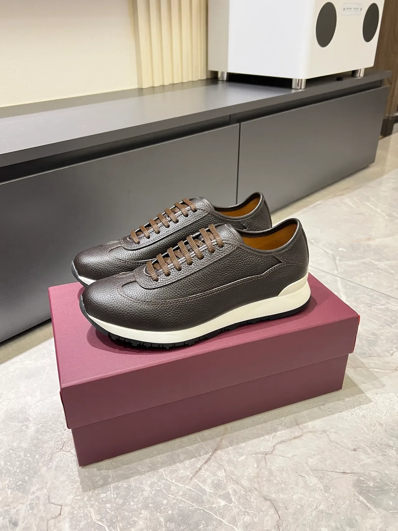 Brown White Pebbled Leather Upper Contrast Midsole Sneakers 5