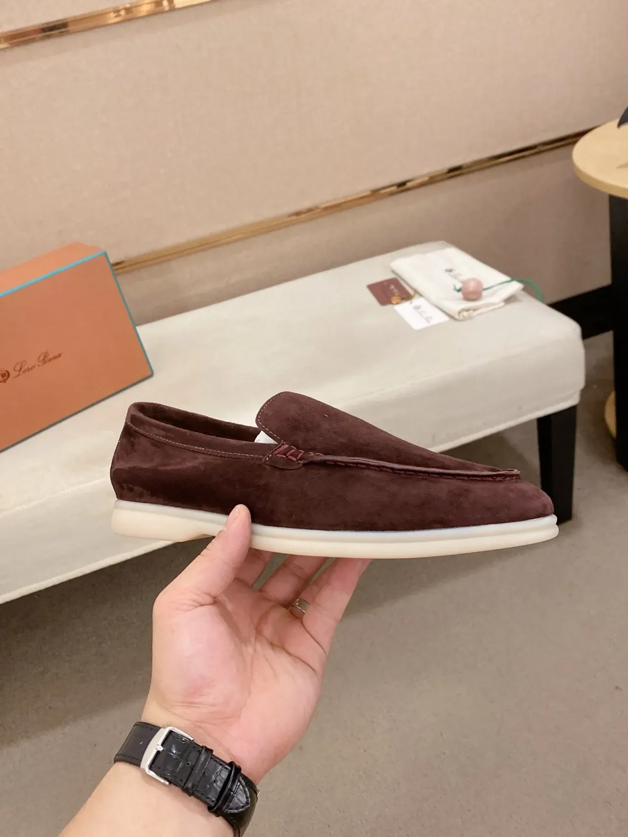 Brown White Suede Upper Moc-Toe Stitching Loafer 4