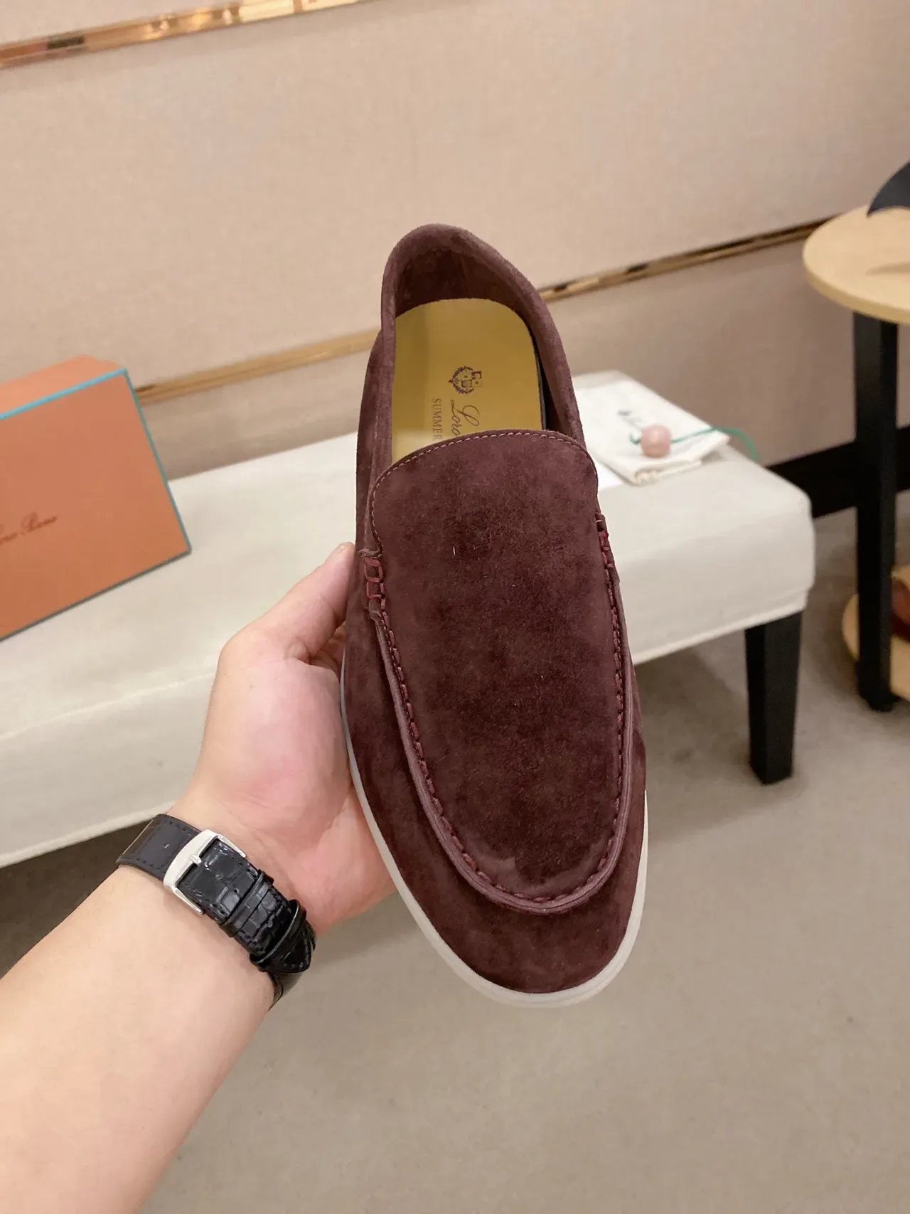Brown White Suede Upper Moc-Toe Stitching Loafer 5