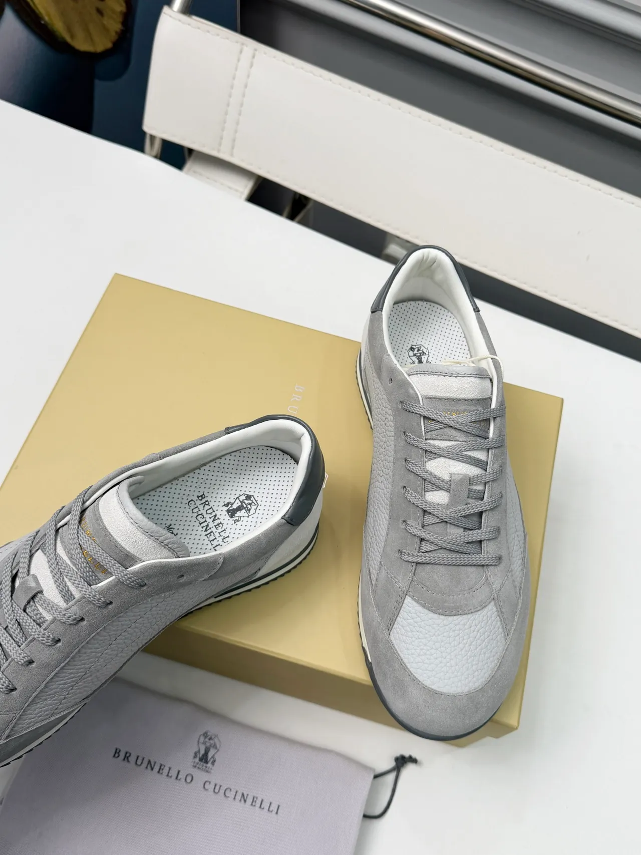 Brunello Cucinelli Gray and White Mixed-Material Lifestyle Sneakers 3