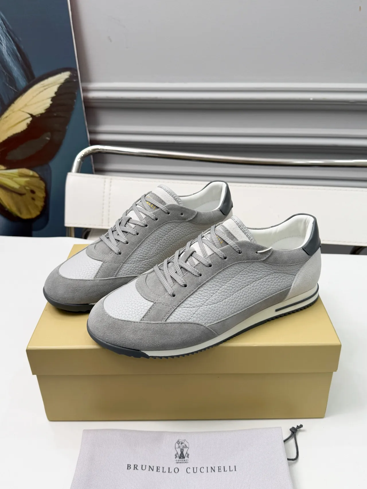Brunello Cucinelli Gray and White Mixed-Material Lifestyle Sneakers 5