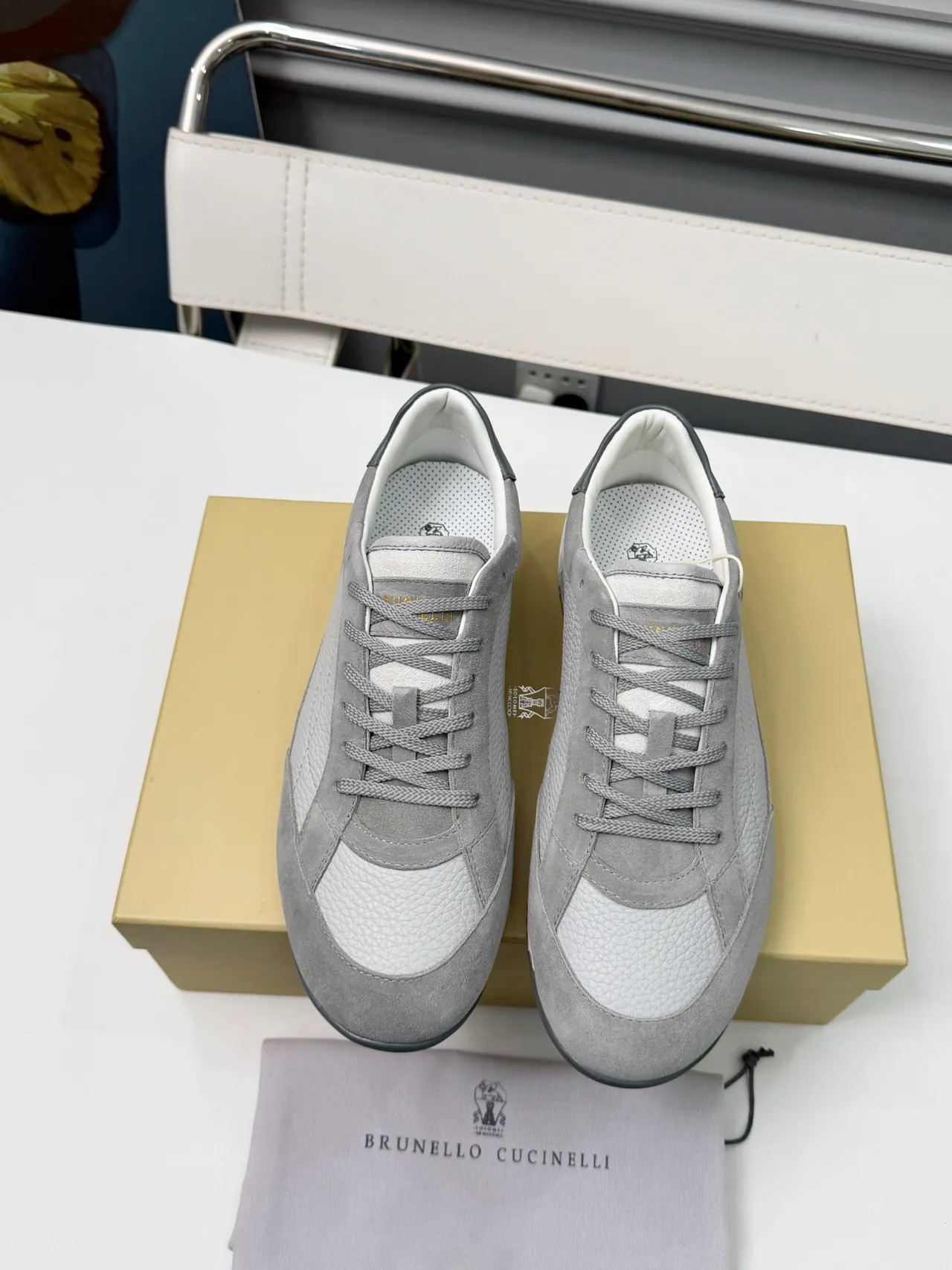 Brunello Cucinelli Gray and White Mixed-Material Lifestyle Sneakers 6